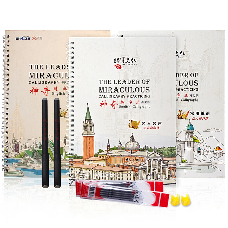 

3 Books Italian Italic Children Adult 3D Groove Auto Dry Repeat Practice Copybook Hand writing English Word Art Book Pen Set