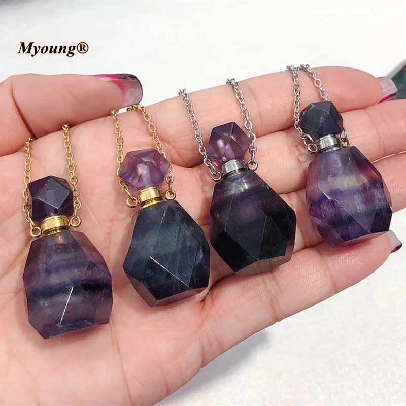 

Natural Fluorite Crystal Cutting Nugget Perfume Bottle Pendant Necklace,Stone Essential Oil Diffuser Vial Jewelry MY211038