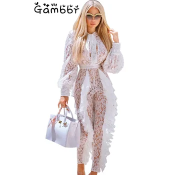 

2019 Long Sleeve Autumn Winter White Lace See Through Ruffle Rompers Womens Jumpsuit Fashion Woman Hollow Out Pant Overalls