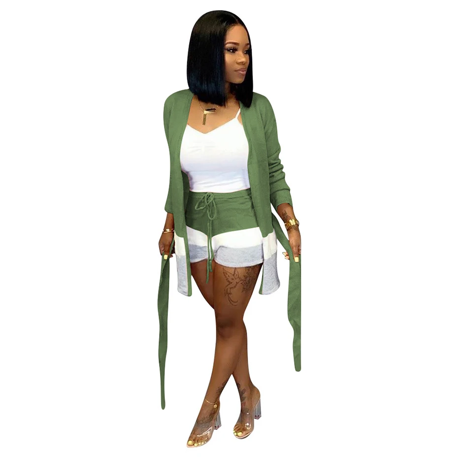 Dark green HAOYUAN, повседневный комплект из двух предметов, женская осенняя одежда, Кардиган с длинным рукавом+ шорты на шнуровке, уличная одежда розового цвета, комплект одинаковой одежды - Цвет: Dark green