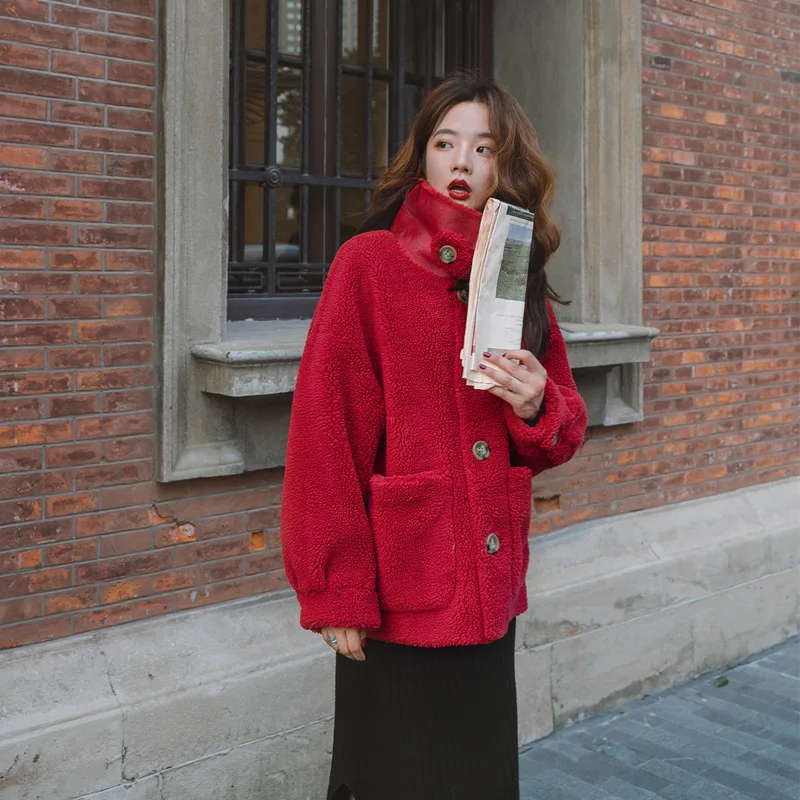 

Red Lambs Wool Coat Student Korean-style Loose-Fit Fur Plush Overcoat Short 2019 Autumn And Winter New Style