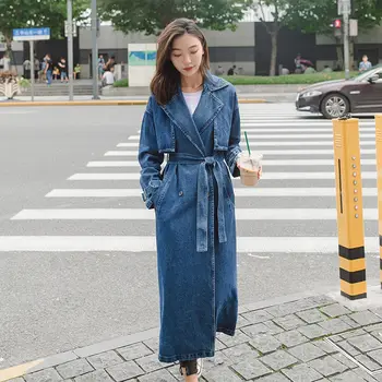 

Denim Trench Coat For Women Spring Autumn New Loose Long Coat Double-Breasted Loose Jeans Trench Coat Windbreaker Manteau Femme