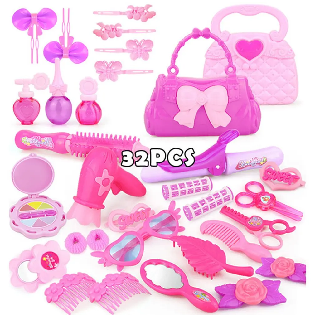 32 Pcs 25/32 шт. ролевые игры детские Make Up игрушки розовый набор для макияжа принцессы парикмахерские моделирование Пластик игрушка для девочек туалетный косметический - Color: 32 Pcs