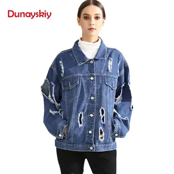 

Dunayskiy Spring Moto And Biker Style Denim Jacket Damaged Holes Women Loose Ripped Jeans Jackets fashion Women Coats 2020