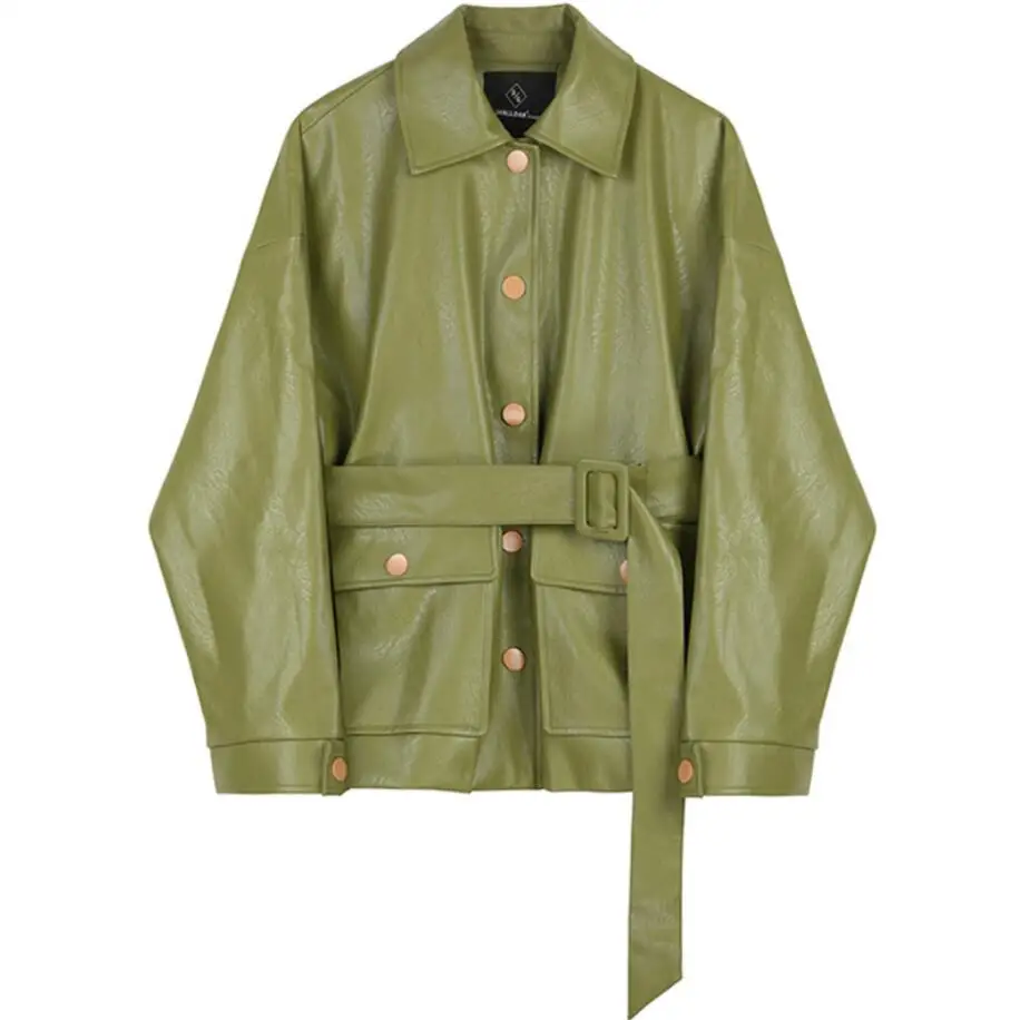 New Autumn Winter Original Fashion Avocado Green Vintage Instagram PU Leather Loose Oversize Coat Jacket Outerwear r2147