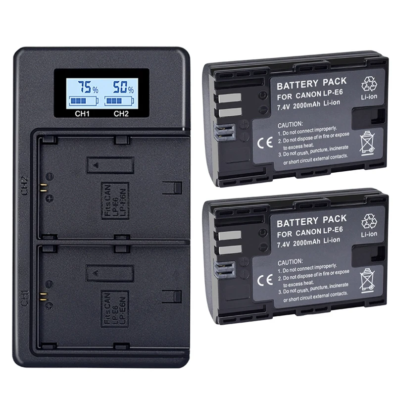 

2X Lp-E6 E6N Battery 2000Mah + Lcd Dual Charger for Canon 5Ds R 5D Mark Ii 5D Mark Iii 6D 7D 80D 5Ds R Camera