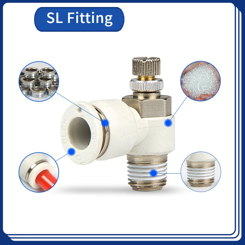 

10pcs SL 4 6 8 10 12mm Fast Connection Pneumatic Fitting White M5" 1/8" 1/4" 3/8" 1/2 Air Speed Regulating Valve Throttle Valve