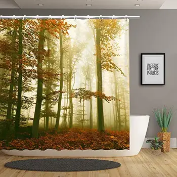 

Tree Shower Curtain, Maple in Mystical Landscape Foggy Scenery View Print, Cloth Fabric Bathroom Decor Set with Hooks, Red