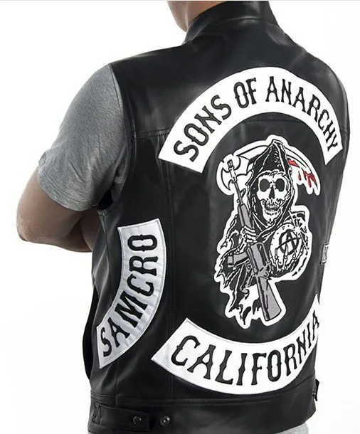 

Free Shipping Sons of Anarchy Embroidery Leather Rock Punk Vest Cosplay Costume Black Color Harley Motorcycle Sleeveless Jacket