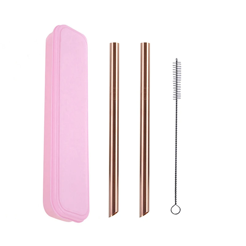 Pink Box Rose Gold 2 шт металлический заостренный кончик соломы+ 1 кисть для ПК радужные соломинки многоразовые трубочки 12 мм* 215 мм с портативной коробкой или сумкой - Цвет: Pink Box Rose Gold