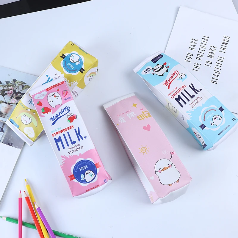 1pcs Cartoon Milk Bottle School Pencil Case Cute Pu Pen Bag Storage Pouch Stationery