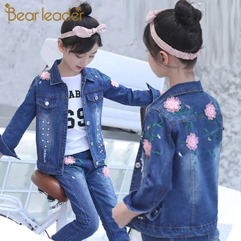 

Bear Leader Autumn Fashion Girl Clothing Boutique Jean Sets Lace Flower Coat with Casual Pant 2PCs Denim Suit for Teenager 4-13Y