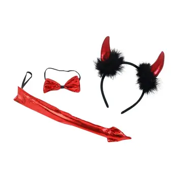 

3Pcs/set Halloween Horn Headdress Set Cosplay Devil Headband Animal Style Tail and Tie Adults Kids Role Play Props