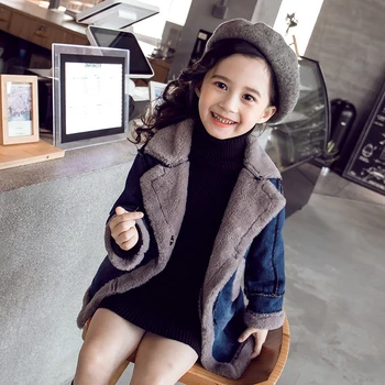 

Autumn Winter Girls Denim Jacket Kids Thicken Warm Coats Stitching Faux Fur Jackets Children Outerwear