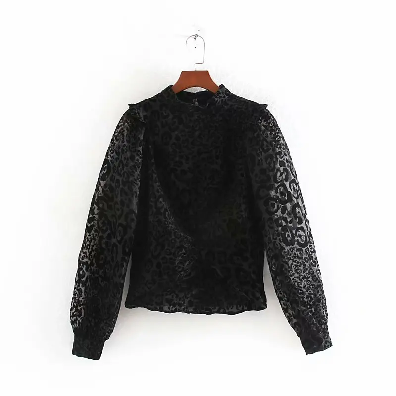  women sexy animal pattern Transparent yarn flocking smock blouses shirts women stand collar ruffles