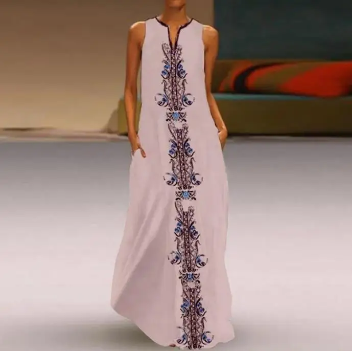 Сарафан женское летнее платье с принтом сексуальное платье миди размера плюс повседневное льняное свободное без рукавов с принтом Длинное Платье Макси