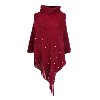 

Cape Poncho Women Winter Knitted Solid Tassel Pearl Shawl Coat Ponchos Mujer Invierno Elegantes Winter Cloak Women A1