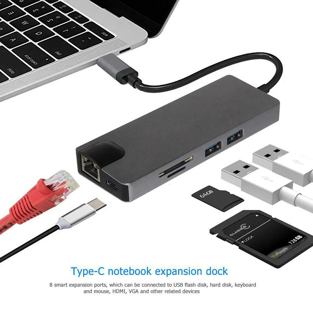 Usbc к Rj45 Lan 4K Hdmi Vga 2Usb 3,0 Sd слот для карт 8 в 1 Тип C док-адаптер концентратор для Macbook для samsung huawei Dex Mo