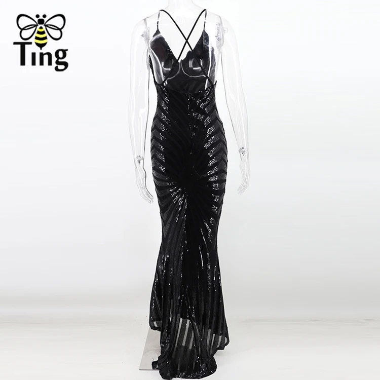 Tingfly Sexy V neck Sequines Long Floor Length Party Dresses Open Back Backless Cross Strap Long Luxury Sequined Glitter Dress