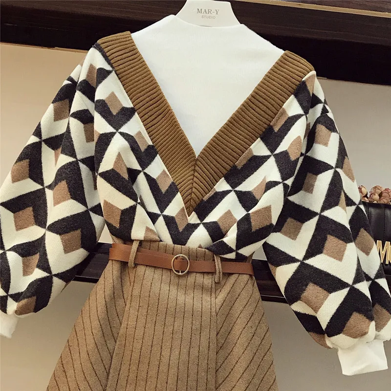 Женская мода V образный геометрический Половина Водолазка; свитер+ с высокой талией, в полоску комплект с мини-юбкой осенние пояса комплект из 2 предметов