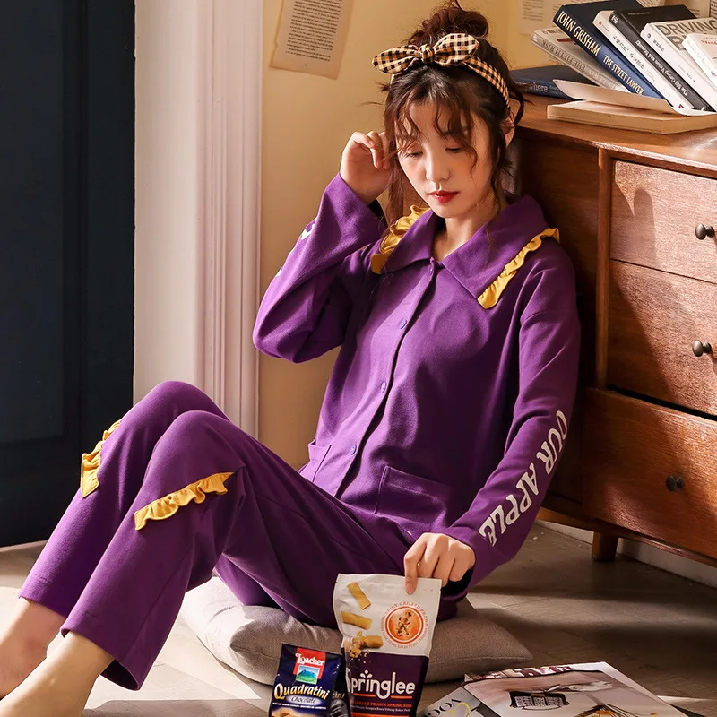 

Pajamas Women's Spring And Autumn Pure Cotton Korean-style Cardigan Tracksuit Sweet Long-sleeve Suit Students Long Sleeve Trouse