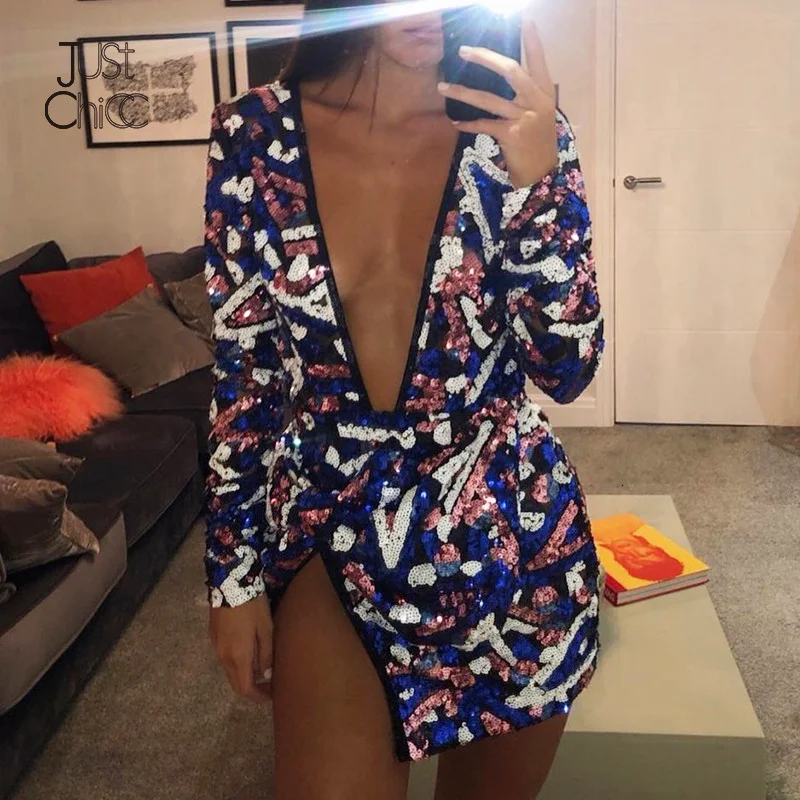 

Justchicc Glitter Sequin Party Dress Bandage Long Sleeve Night Clubwear V Neck Multi Dress Bodycon Dress Women Winter Vestidos