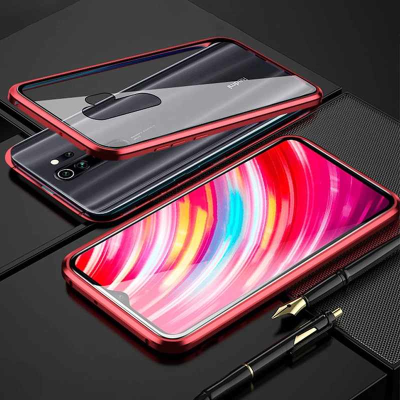 Магнитный стеклянный чехол для Xiaomi redmi note 8 pro, двойной чехол из закаленного стекла, Металлическая магнитная адсорбционная Крышка для redmi note 8 - Цвет: Красный