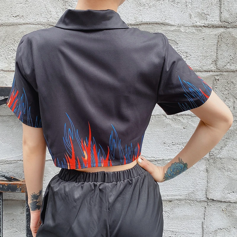 IAMSURE Streetwear Fashion Flame Print Women Cropped Shirts Summer Turn-down Collar Short Sleeve Ladies Blouses Harajuku