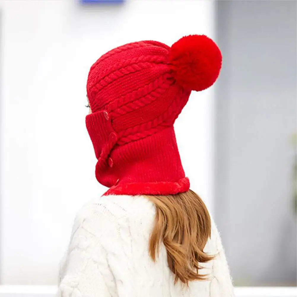 MISSKY Lady Warm One-piece Women Hat-Mask-Scarf Winter Thicken Knitting Wool Ball Riding Outdoor Beanies For Female