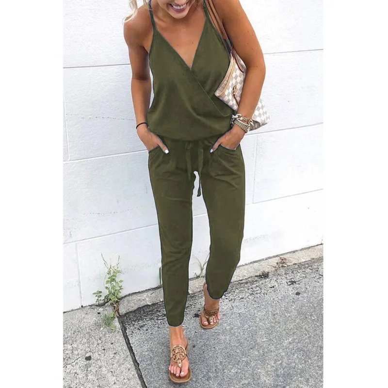 2021 V Neck Sexy Summer Jumpsuit Sling Sleeveless Blackless Casual Drawstring Pants With Pockets Combinaison Femme101043 Ez*