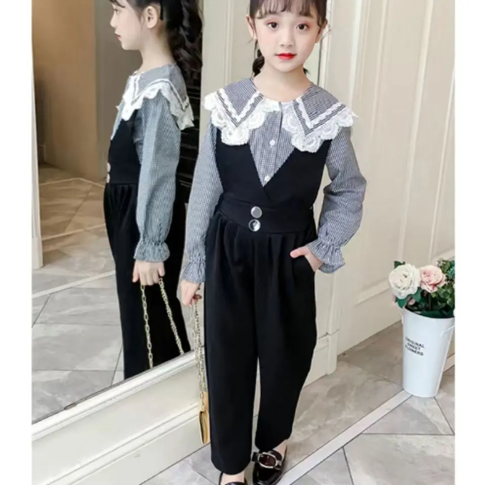 

New Spring Autumn Casual Girls Clothing 2 Piece Long Sleeve Blouse + Black Color Overall Suit Age For 4-13 Yrs Baby Girl Outfit