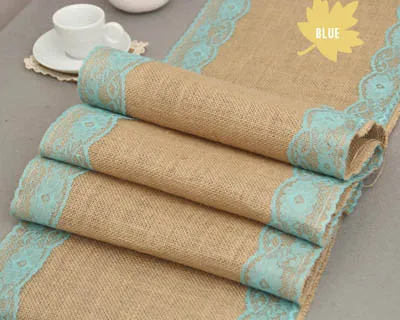 Light Blue Lace Edge Лидер продаж, 5 шт./партия, свадебные украшения, винтажные мешковины, белые кружевные настольные бегуны, рождественские вечерние сувениры, джутовый льняной настольный бегун s - Цвет: Light Blue Lace Edge