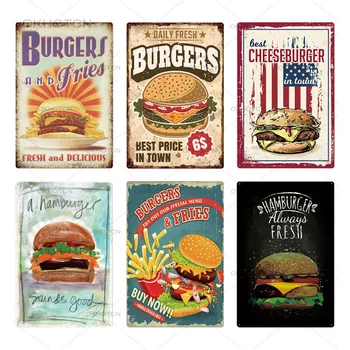 

Hamburger & Fries Plaque Metal Vintage Fast Food Tin Sign Wall Decor for Kitchen Cafe Diner Bar Burger Metal Plates 20x30cm