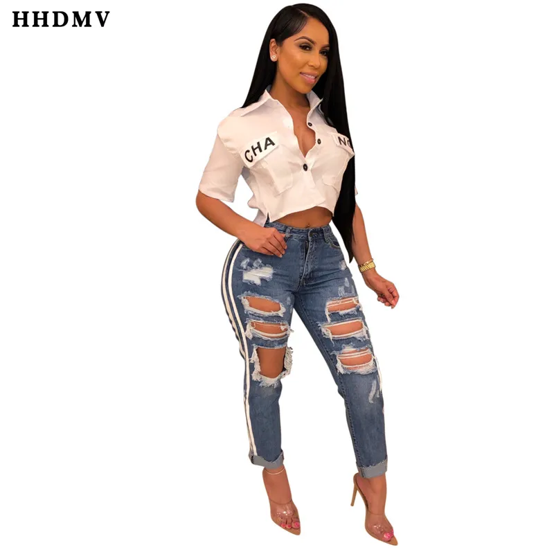 HHDMV GHSF12077 снижение возраста хоп стиль длинные джинсы брючные пуговицы карманы сломанные отверстие выдалбливают прямые джинсовые длинные брюки