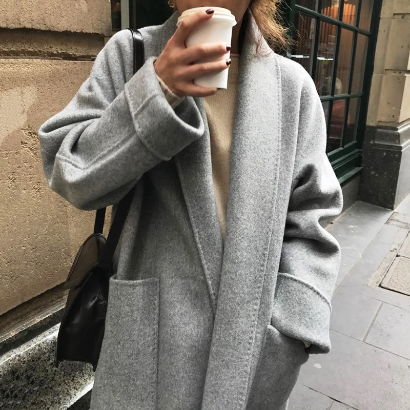 gray SHENGPALAE шикарный Зимний серый длинный кардиган выше колена с карманами, шерстяное Свободное пальто, ветровка для женщин FV605 - Цвет: gray