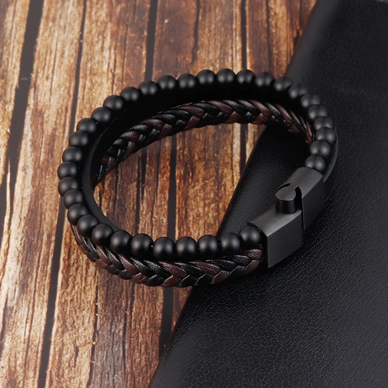 Charm Rope Stainless Steel Magnetic Natural Stone Leather Man Bracelet Beaded Braclet Volcanic Stone bracelet bangles Chain Gift