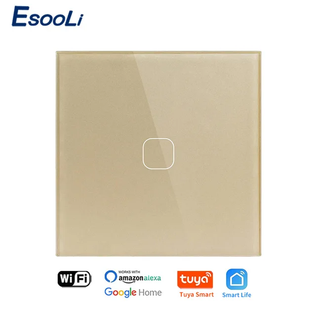 EsooLi Tuya Smart Life Glass Panel EU/UK Standard Touch Switch Zero/Single Fire Line Voice Control Light Wireless Wall Switch WIFI Gold 1 Gang