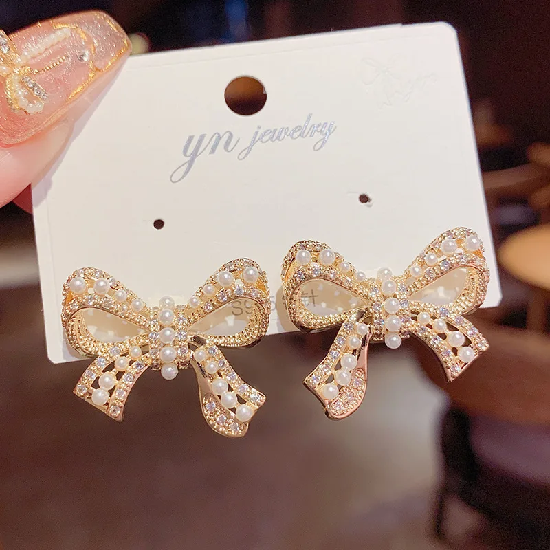 14K Real Gold Personalized Hollow Big Bow S Needle with Micro Inlaid Pearls Stud Earrings for Women Party Jewelry | Украшения и