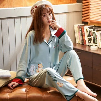

2PCs/Set Women Polyester Simple Pajamas Set Autumn Casual Pajamas Lovely Sweaty Girls Animals Pattern Long Sleeve Trousers Sets