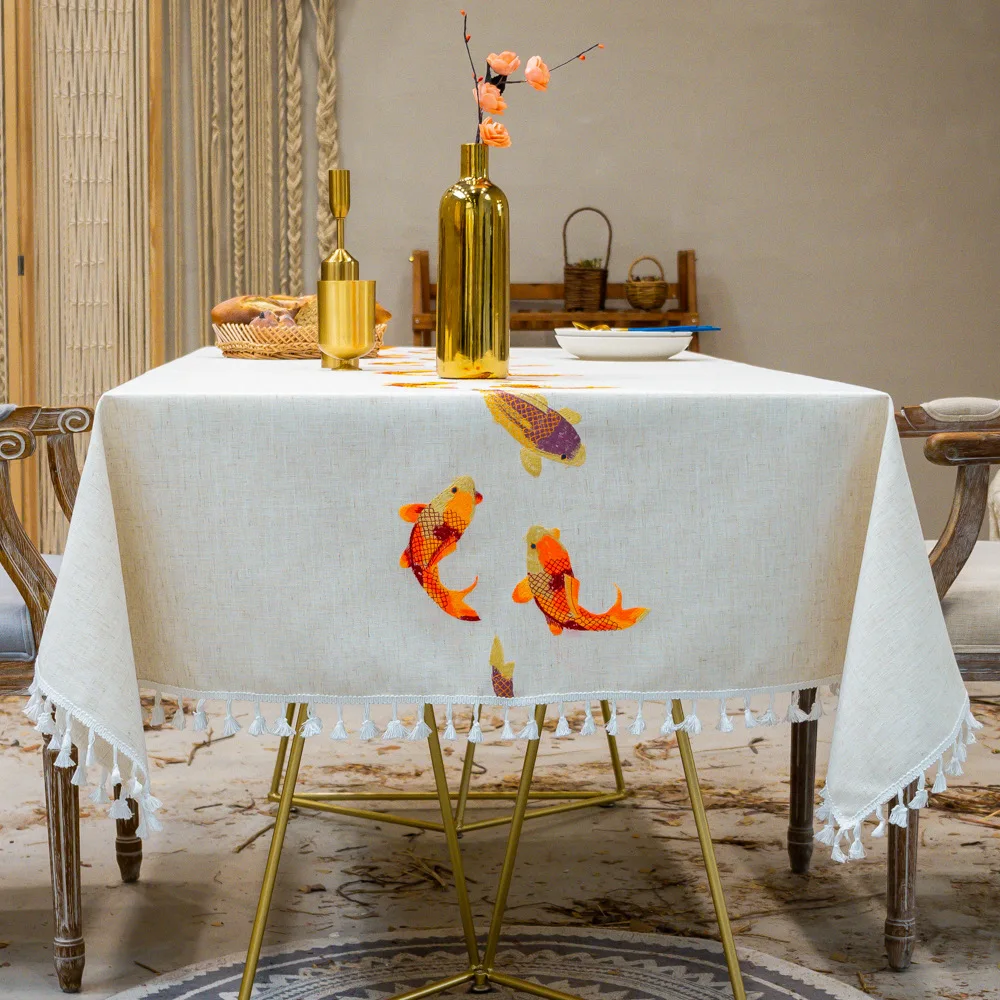  Embroidery Fish Decorative Linen Tablecloth With Tassel Waterproof Oilproof Thicken Rectangular Wed