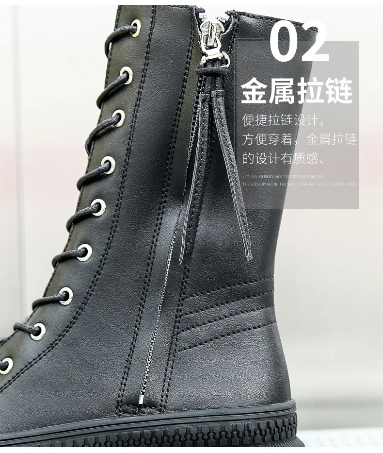 Winter Genuine Leather Chunky Motorcycle Boots Women Autumn Fashion Round Toe Lace-up Combat Military Boots Ladies Shoes