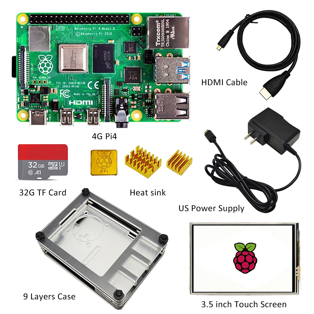 Raspberry pi 4 Гб экран raspberry комплект с дисплеем + радиатор адаптер питания чехол SD 32 ГБ