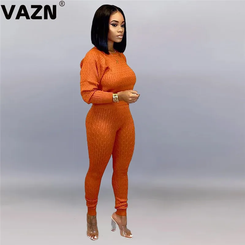 VAZN PN6270 зимние вязаные наряды, милые сексуальные комбинезоны, молодежная мода, одноцветные длинные штаны с длинным рукавом, высокая талия, женский тонкий комплект из 2 предметов - Цвет: Оранжевый