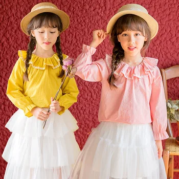 

Kids Shirts Girls Tops 2020 Spring Long Sleeve Ruffle Blouse for Girls Yellow Pink Solid Frilled Neckline Casual Shirts 8 to 12T