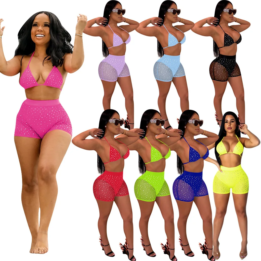 Women's Sets Two Pieces Sale Sexy Strapless Halter Tops +High Waist Mesh Patchwork Multi Sequined Short Suits Clubwear WDC5378 | Женская