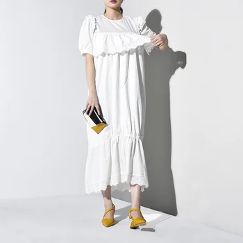 

Women Summer 2020 New Style Temperament White Ruffles Lace Hem Dress Casual Loose Slim Round Neck Puff Sleeve Fishtail Dress