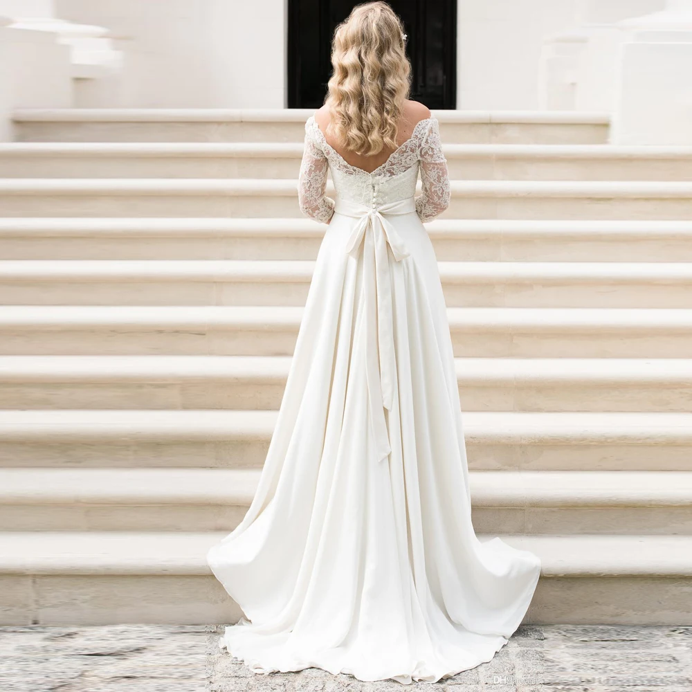 Gorgeous Boat Neck Lace Wedding Gown with 3/4 Sleeves Bohemian Robe de Mairee Belt Chiffon Beach Bridal Dress | Свадьбы и торжества
