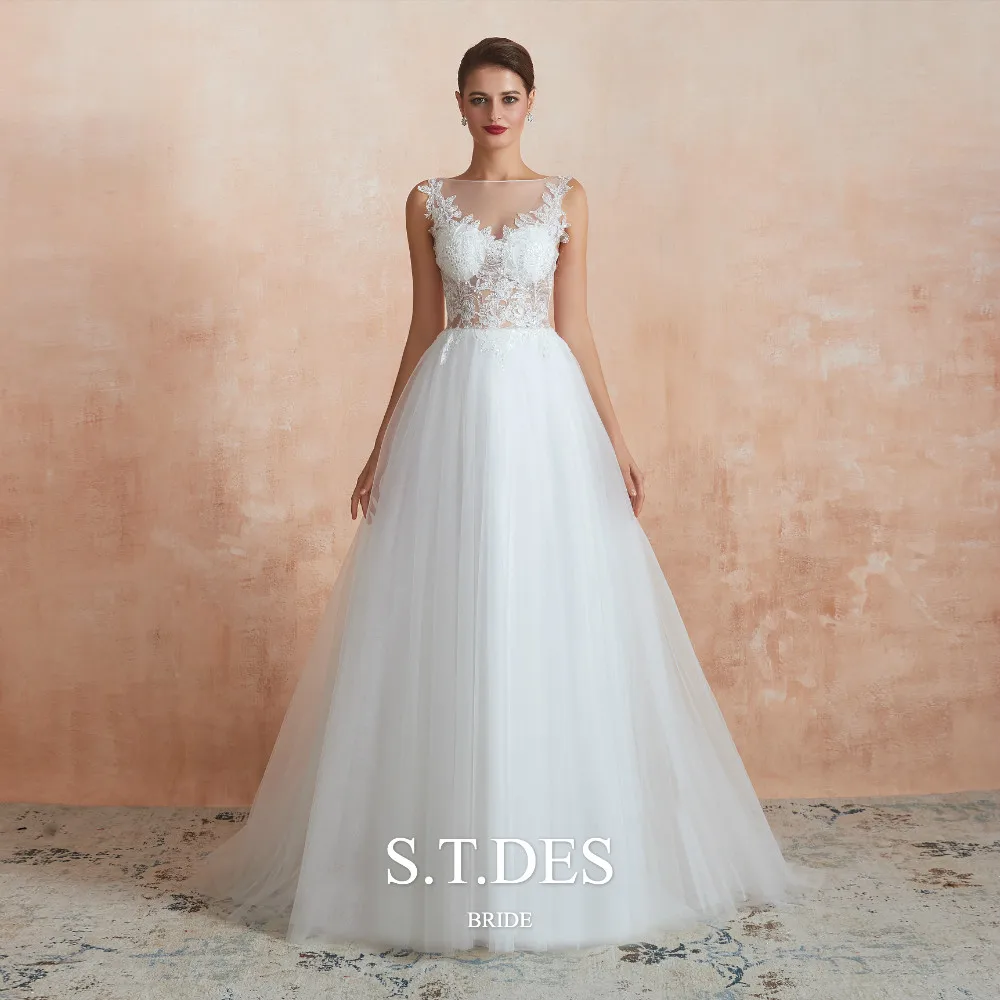 

2020 S.T.DES Dream Ivory Scoop Sheer Neck Sequined Appliques Tulle Bride Gown Illusion Sweep Train Wedding Dress For Woman