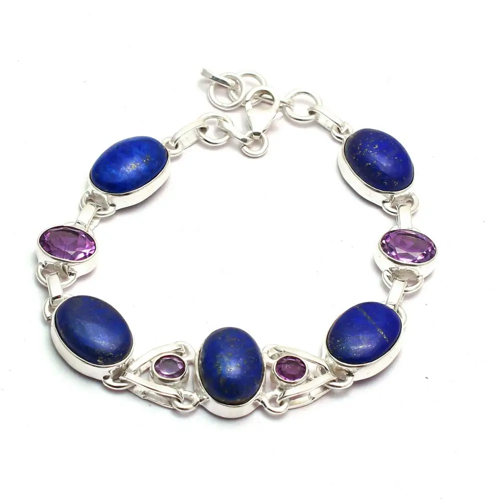 

Genuine Lapis Lazuri + Amethyst Bracelet 925 Sterling Silver, 21 cm, 2SBR0129
