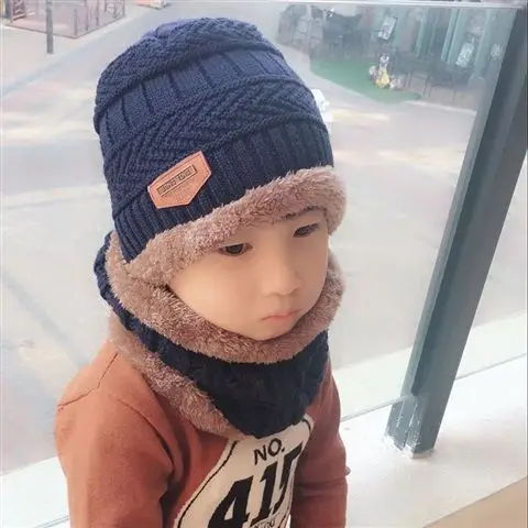 2pcs blue 2 шт./компл. Осенняя шерстяная однотонная Вельветовая шапка, на флисе, с шарфом, комплект для девочек и мальчиков на зиму, v-образный вырез, теплый вязаный зимний шарф для детей и взрослых флисовая шапка шарф - Цвет: 2pcs blue
